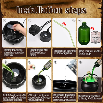 Flame Witch Cauldron Halloween Decoration Skull Potion Brewing Bucket with Floating Poison Bottle Spooky Party Prop