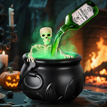 Flame Witch Cauldron Halloween Decoration Skull Potion Brewing Bucket with Floating Poison Bottle Spooky Party Prop