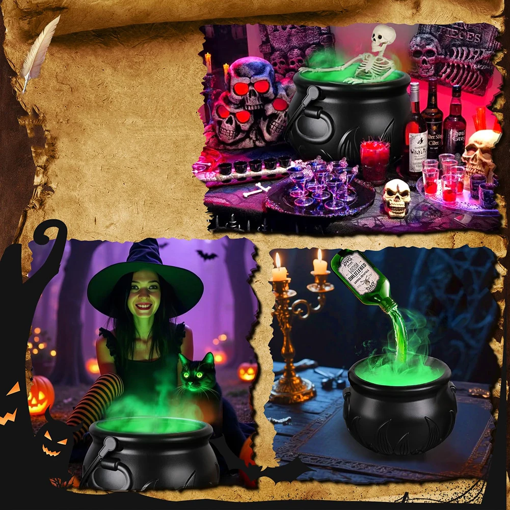 Flame Witch Cauldron Halloween Decoration Skull Potion Brewing Bucket with Floating Poison Bottle Spooky Party Prop